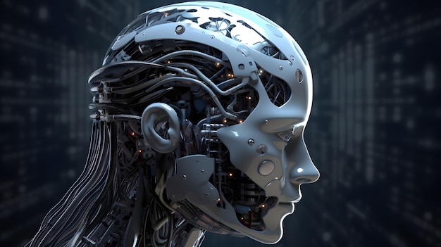 Portret głowy antropomorficznego humanoidalnego robota na ciemnym tle w niebieskich odcieniach sztuka generowana przez sieć neuronową