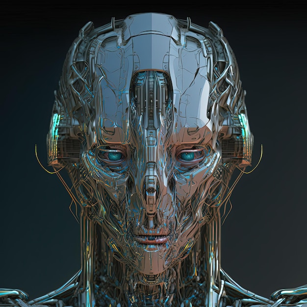 Portret głowy sztucznej inteligencji ze skomplikowanymi częściami robota cyborg futurystyczny projekt Generative Ai