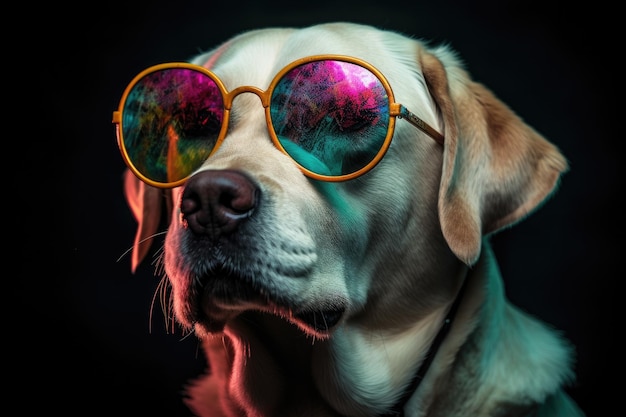 Portret golden retriever w okularach przeciwsłonecznych na pracownianym tle generatywnym ai