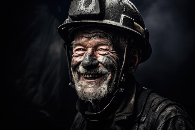 Portret górnika na ciemnym tle Mężczyzna z brudną twarzą w podziemnej kopalni