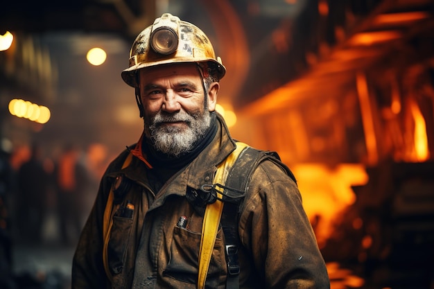 Zdjęcie portret górnika w średnim wieku na tle kopalni