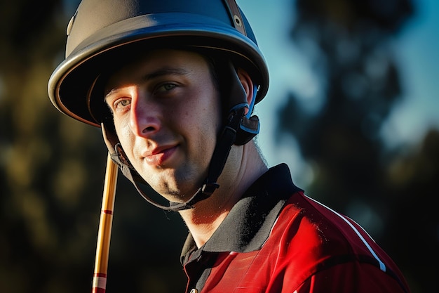 Portret gracza z hełmem i kijem polo przed meczem