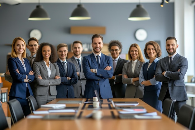 Portret grupy biznesmenów stojących w rzędzie w nowoczesnym biurze z wygenerowaną przez sztuczną inteligencję