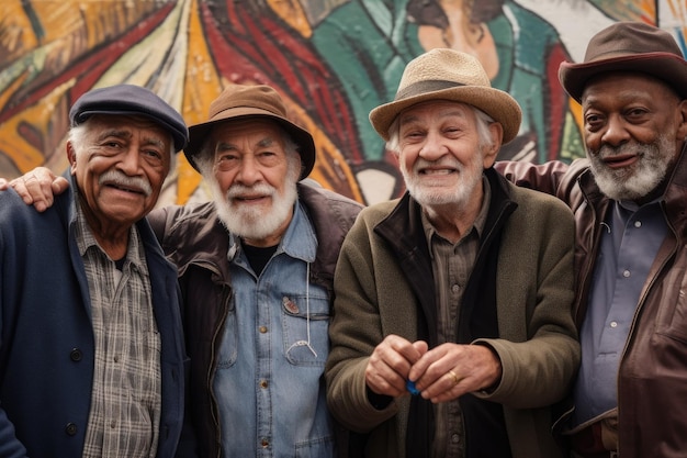 Portret grupy starszych mężczyzn budujących mural społecznościowy stworzony wspólnie z generatywną sztuczną inteligencją