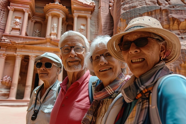 Portret grupy starszych przyjaciół przed Petrą Jordan