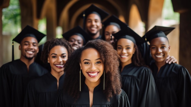 portret grupy szczęśliwych afroamerykańskich studentów w sukniach kończących szkołę, uśmiechających się i patrzących na kamerę w kampusie uniwersyteckim