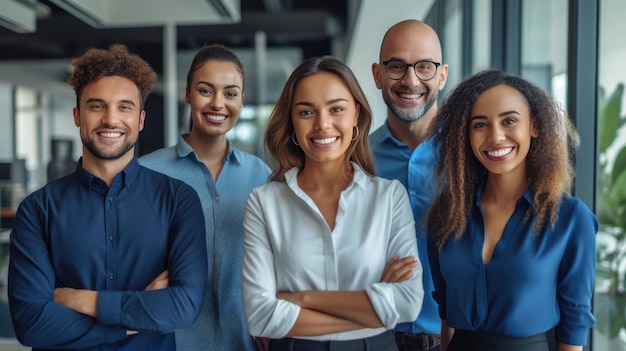 Portret grupy szczęśliwych wielorasowych współpracowników stojących razem w nowoczesnym biurze Koncepcja pracy zespołowej Generacyjna sztuczna inteligencja