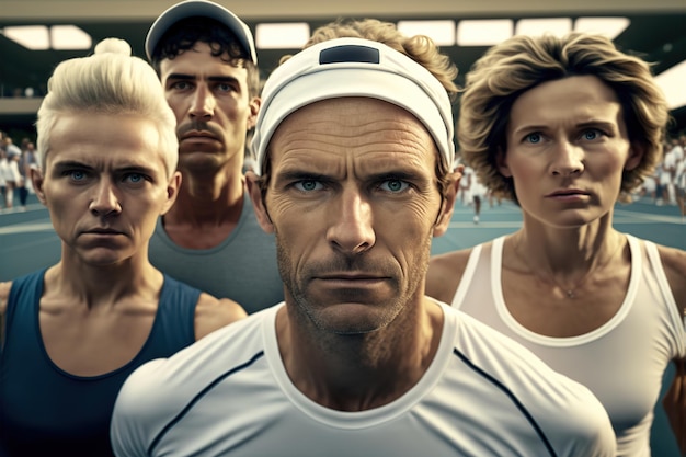 Portret grupy tenisistów patrzących na kamerę Ilustracja generatywna AI