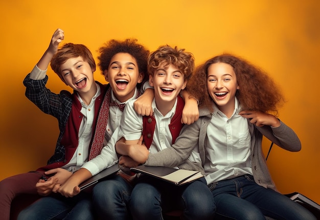 Zdjęcie portret grupy uczniów, nastolatków i przyjaciół bawiących się razem z laptopem