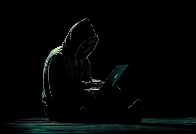 Zdjęcie portret hakera z rękawiczkami i laptopem