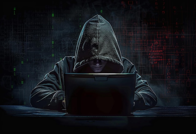 Portret hakera z rękawiczkami i laptopem