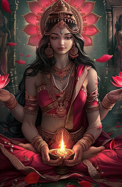 portret hinduskiej bogini Lakshmi z kwiatami w rękach