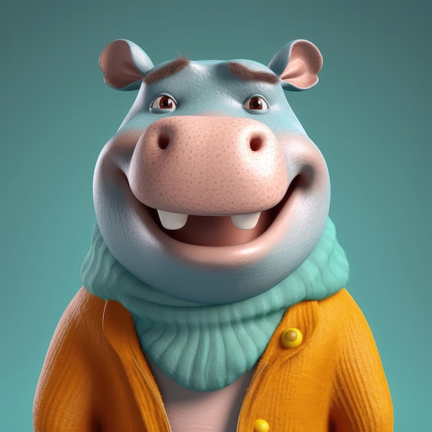 Portret hipopotama z kreskówek 3D w ubraniach stojących przed generatywnymi światłami studyjnymi ai