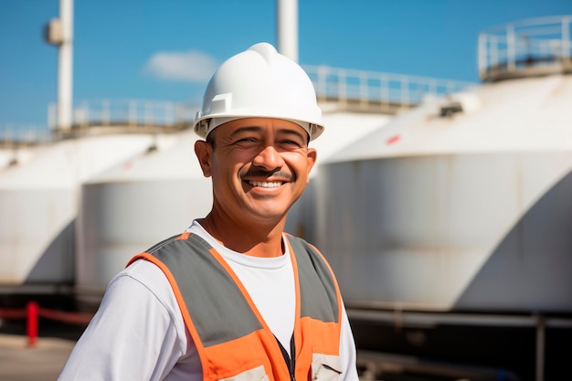 Zdjęcie portret hiszpańskiego pracownika w rafinerii ropy naftowej