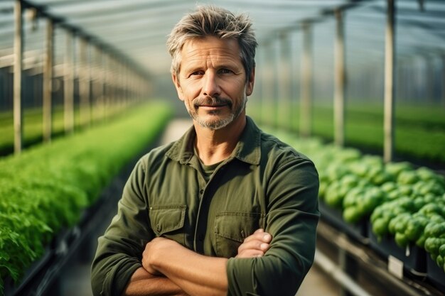 Portret hodowcy warzyw pracującego w dużej szklarni przemysłowej, uprawiającego warzywa i zioła Farmer