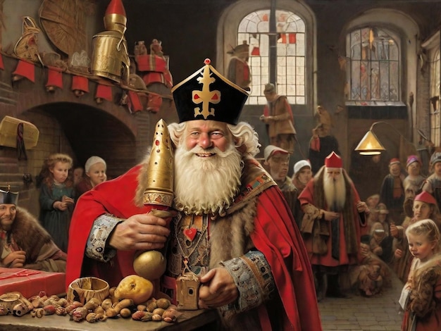 Portret holenderskiego Świętego Mikołaja zwanego „Sinterklaas” podczas jego przybycia do miasta