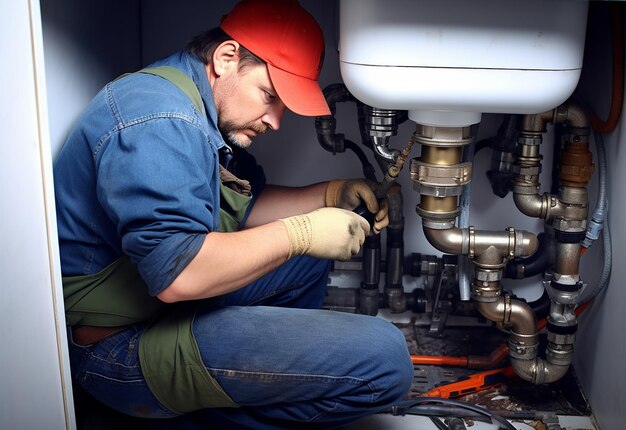 Zdjęcie portret hydraulika pracującego