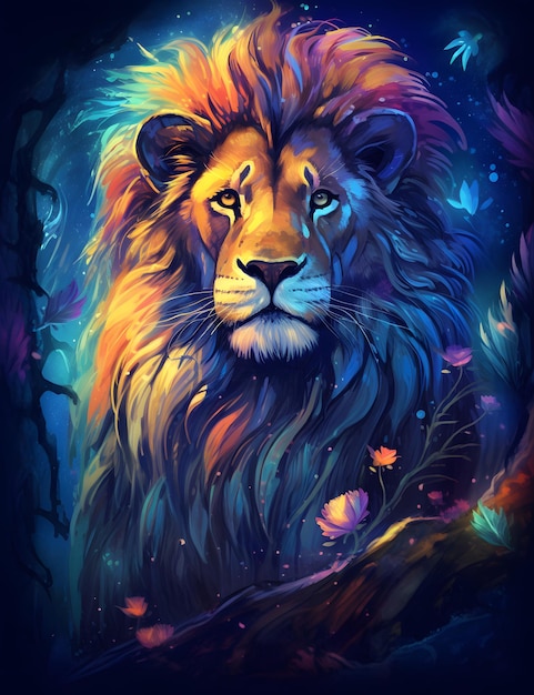 portret ilustracji lwa w stylu kolorowej fantazji