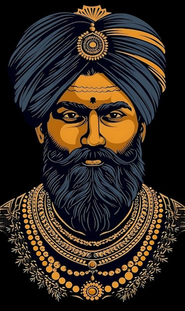 Portret indyjskiego mężczyzny Raja w turbanie i sherwani z koszulką Design Art Tattoo Ink Frames