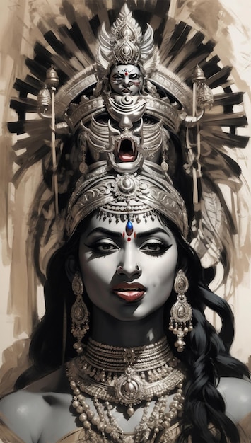 Portret indyjskiej bogini Kali z otwartymi ustami i wysuniętym językiem
