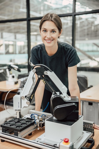 Portret inteligentna kobieta inżynier programista robotów pracuje w zespole badawczo-rozwojowym laboratorium robotów