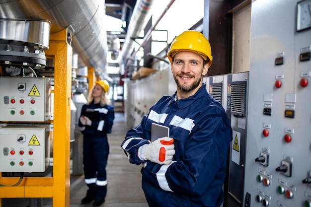 Portret inżyniera elektryka przemysłowego stojącego przy zasilaczu w rafinerii ropy naftowej