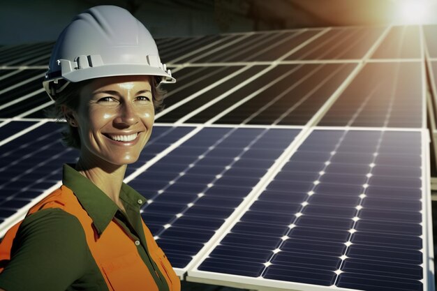 Zdjęcie portret inżyniera elektryka w hełmie bezpieczeństwa i mundurze przed panelami słonecznymi technik na stacji słonecznej