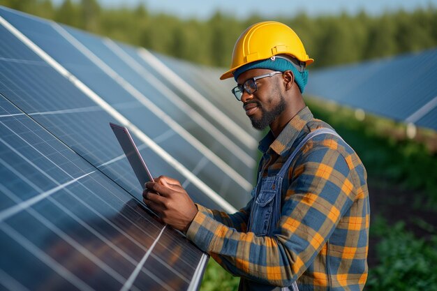 Portret inżyniera energetyki odnawialnej na farmie słonecznej o zmierzchu