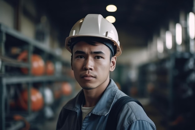 Portret inżynierii z hełmem i mundurem bezpieczeństwa stojącego w fabryce przemysłowej i robotniczej