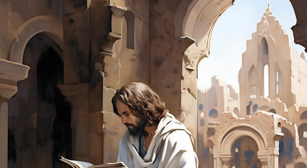 Zdjęcie portret jezusa chrystusa czytającego pismo święte w meczecie