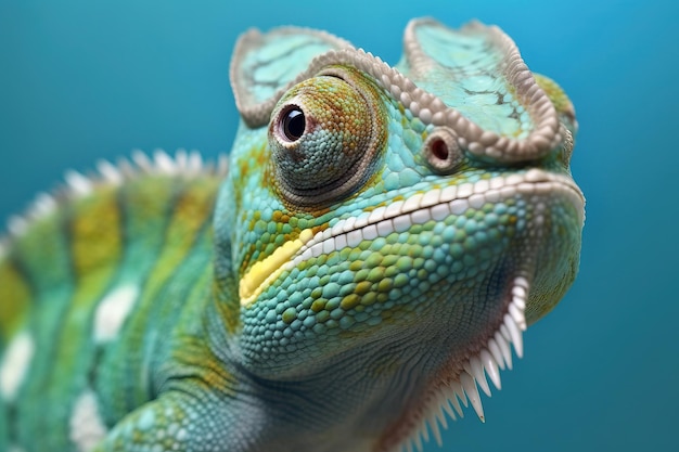 Portret kameleona z dużym okiem na niebieskim tle