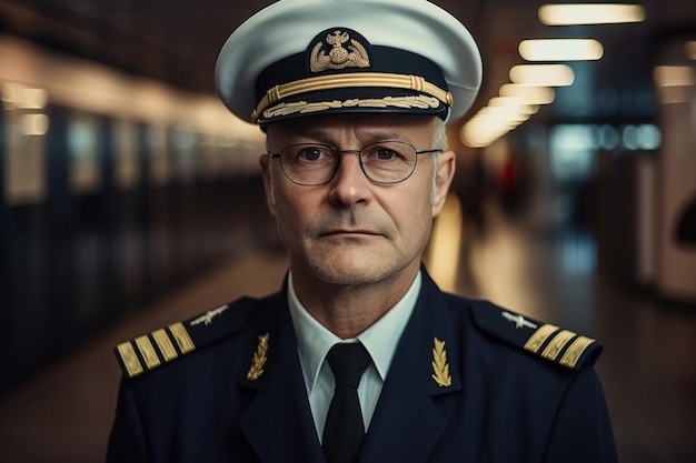 Zdjęcie portret kapitana pilota samolotu w okularach na lotnisku w terminalu generative ai