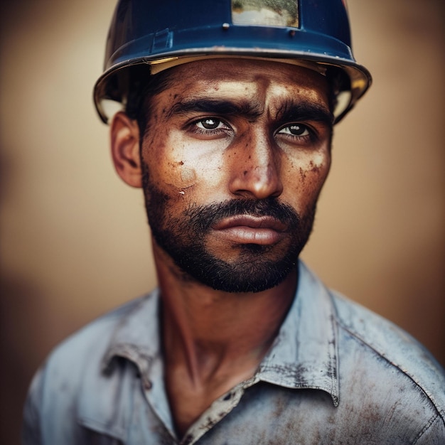 Portret kelnerki młodego górnika z brudną twarzą
