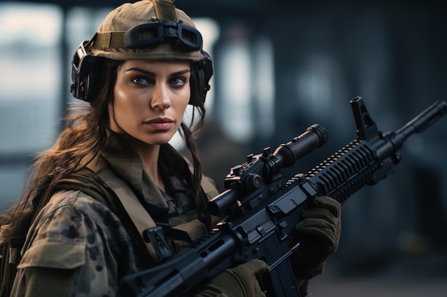 Portret kobiecego członka wojskowego zespołu swat z karabinem przed opuszczonym budynkiem