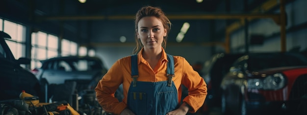 Zdjęcie portret kobiecego mechanika w serwisie samochodowym na tle samochodów