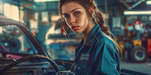 Portret kobiecej mechaniki samochodowej w warsztacie Generatywna sztuczna inteligencja