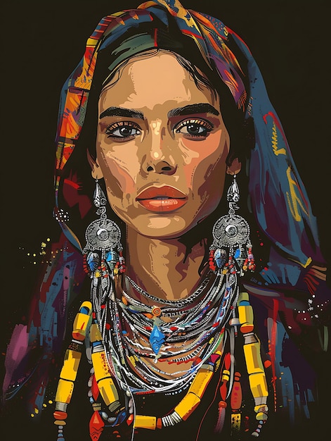 Portret kobiety berberyjskiej w tradycyjnym srebrnym naszyjniku koszulka projekt sztuki tatuażu farby ramki