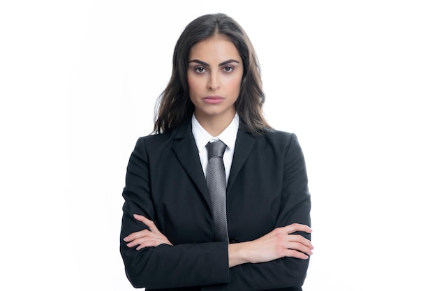 Portret kobiety biznesu w garniturze skrzyżowane ramiona Pewność bizneswoman na szarym tle z kopią przestrzeni Dumna studentka Piękna bizneswoman