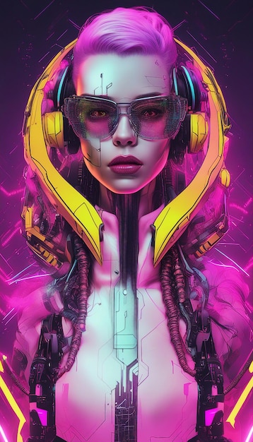 Portret kobiety cyberpunk w futurystycznym neonowym stylu