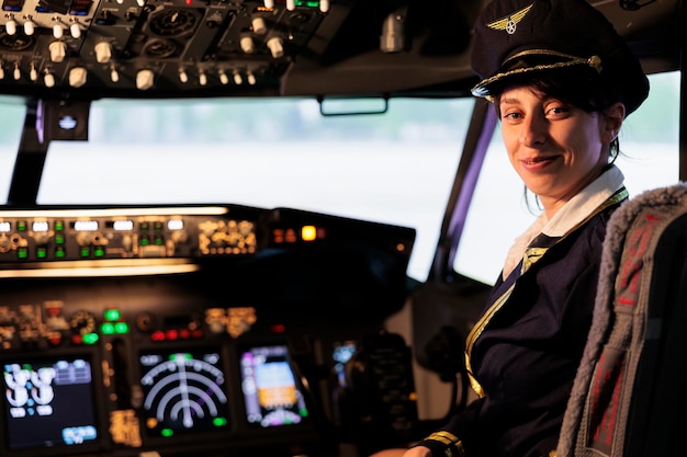 Zdjęcie portret kobiety drugiego pilota siedzącego w kabinie kapitana do latania samolotem, międzynarodowe latanie usług lotniczych do podróży. kobieta w mundurze gotowa do uruchomienia silnika i wciśnięcia przełącznika na desce rozdzielczej.