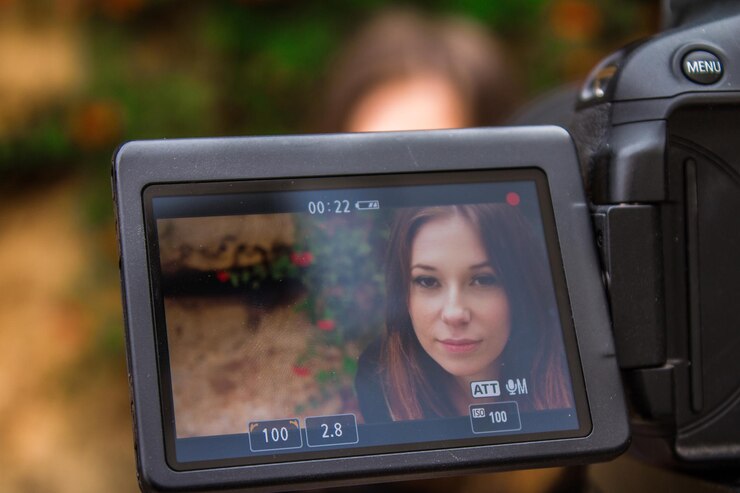 Zdjęcie portret kobiety fotografującej