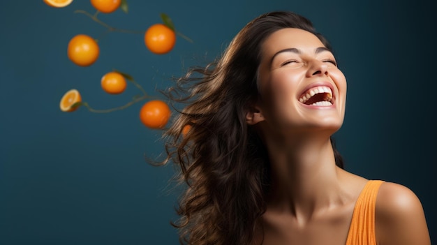 portret kobiety i pomarańczowy dla naturalnej witaminy C do pielęgnacji skóry lub diety na niebieskim tle studia