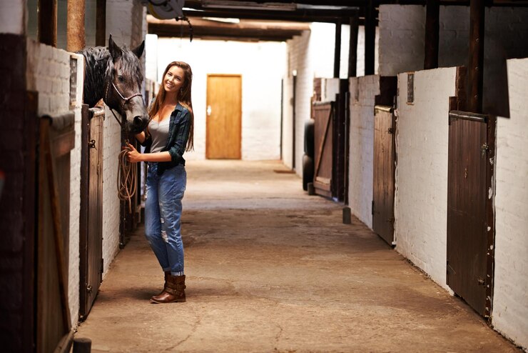 Zdjęcie portret kobiety i szczęśliwy z koniem w stajni dla wiązania szkolenia sportowego i rekreacji w teksasie stallion osoba i zwierzę lub twarz w stodoły z uśmiechem dla zdrowego hobby bydła i opieki nad zwierzętami domowymi