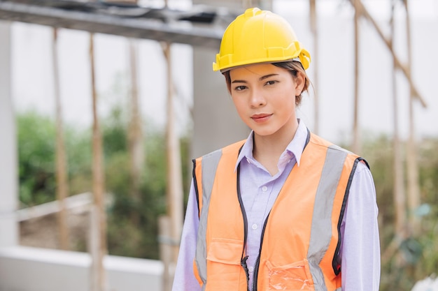 Portret kobiety inżynier pracownik brygadzista budowniczy pracuje na budowie z hełmem ochronnym