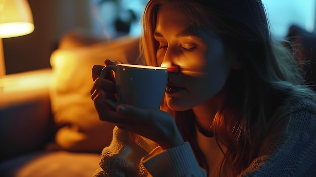 Zdjęcie portret kobiety oddychającej i trzymającej kubek kawy w domu generatywna sztuczna inteligencja