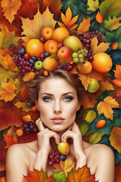portret kobiety otoczonej jesiennymi liśćmi roślinnością i owocami stan psychiczny okresu jesiennego
