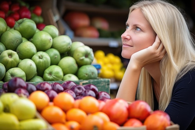 Zdjęcie portret kobiety patrzącej na świeże owoce utworzone za pomocą generatywnej sztucznej inteligencji