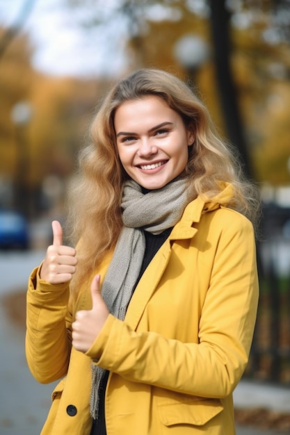 Portret kobiety pokazującej kciuki, stojącej na zewnątrz