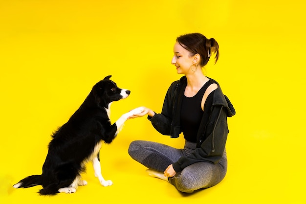 Portret kobiety pozuje z border collie w pracownianym żółtym i czerwonym tle