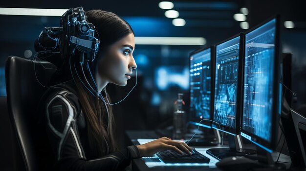 Portret kobiety pracującej nad linią kodu komputerowego wyświetlanym na jej okularach i odzwierciedlającym